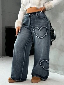 SHEIN CURVE+ 大码女式口袋心形磨边宽松休闲牛仔裤 - 深色水洗藍 - 查看 5