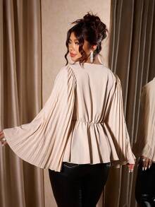 Allurite Christmas Plus Size Women's Loose Draped Collar Cinched Waist Satin High-Quality Blouse, Pleated Sleeve Long Sleeve Shirt Fall Cloth For Women - Apricot - View 2