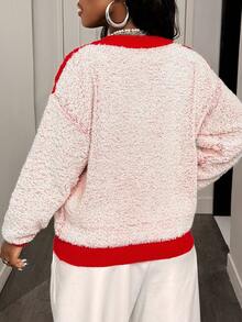BamGleam Women's Autumn Contrast Color V-Neck Dropped Shoulder Long Sleeve Loose Casual Sweater - Red - View 2
