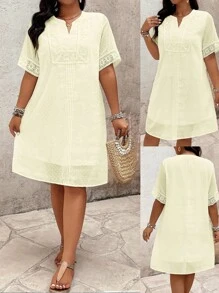 SHEIN LUNE Plus Size Women's Simple Casual Versatile Ruffled Trim Dress - Apricot - View 1
