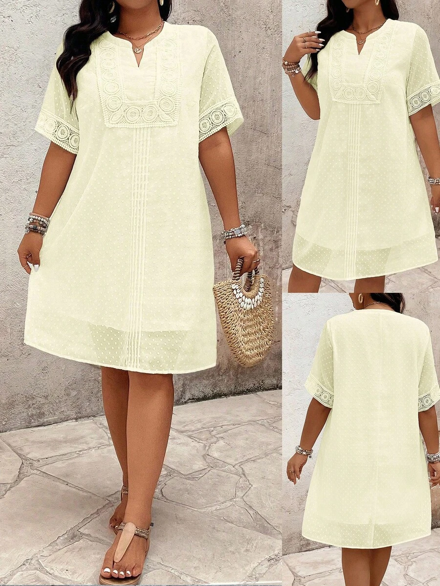 SHEIN LUNE Plus Size Women's Simple Casual Versatile Ruffled Trim Dress - Apricot - View 1