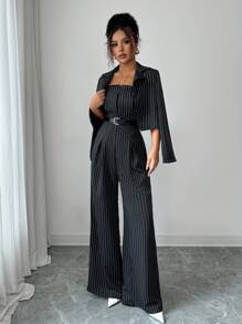 Selianne Elegant Black & White Striped Strapless Jumpsuit With Backless Design + Short Jacket, Women 2 Pieces Set, Autumn/Winter Fall Cloth For Women - Black - View 5