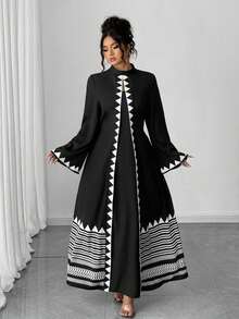 Elenzga Elegantes Geometrie-Muster Kleid in Große Größen, geeignet für den Berufsalltag - Schwarz - Übersicht 6