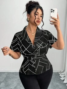 Elenzga Plus Size Women Twist Knot Collar Cinched Waist Geometric Lines Shirt - Black and White - View 3