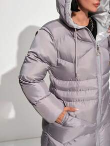 EURMUSE Women Solid Color Zipper And Pocket Detailed Winter Coats - Grey - View 6