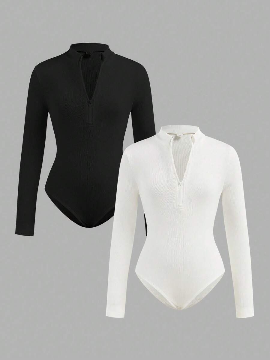 SHEIN Girlism 2pcs Tween Girls' Casual Fashion Ribbed Stand Collar Half-Zip Long Sleeve Bodysuit & Pants Set, Black & White, Suitable For Weekend And Casual Outings, Bodysuits For Teen Girls, Tight Fitted Tops, Zip Up Bodysuit Fall Winter - Multicolor - View 1