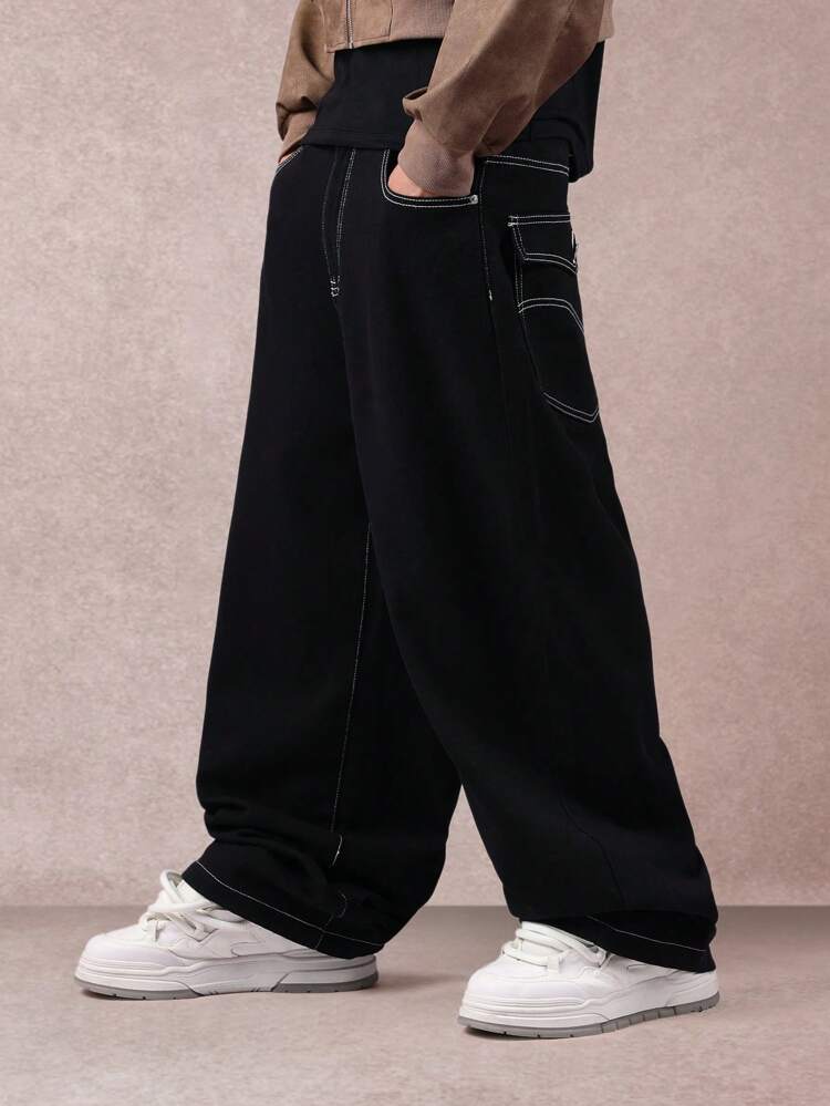 Wide Leg Baggy Jeans With Contrast Stitching