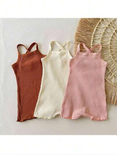Loomiva 3件套女婴纯色休闲百搭针织柔软吊带背心连体衣和短裤套装