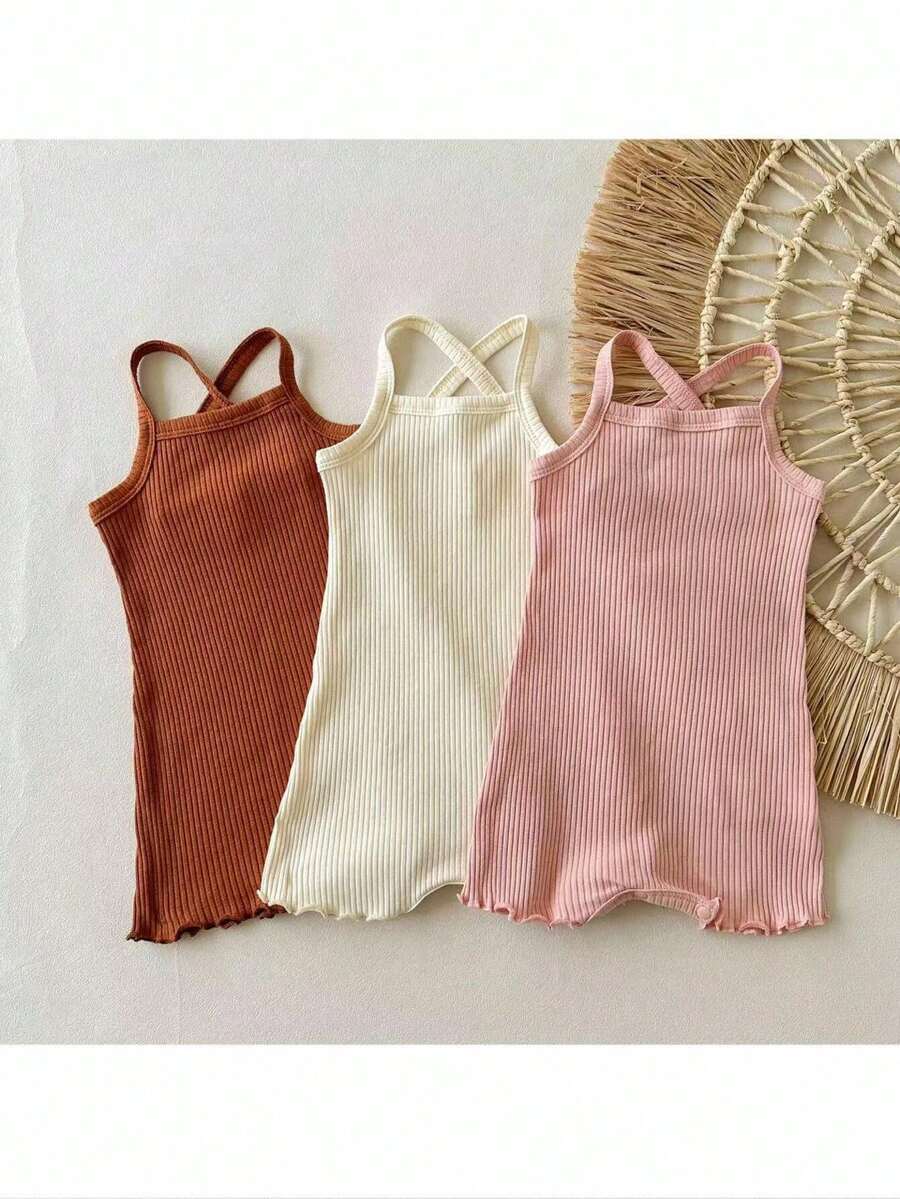 Loomiva 3件套女婴纯色休闲百搭针织柔软吊带背心连体衣和短裤套装 - 彩色 - 查看 1