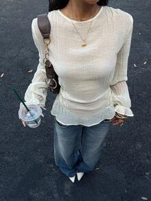 Siren Gaze Women's Solid Color Pleated Blouse, Long Sleeve Fitted Collared Shirt Cream Blouse Sheer Blouse Ruffle Blouse Cream Tops For Women White Sheer Top, Party Top, Elegant Women's Blouses,  White School Shirt Summer Casual - Apricot - View 4