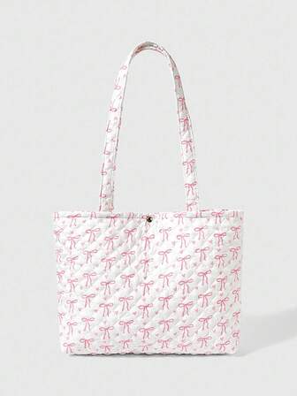 Kawaii 1 pieza Bolso de mano de mujer con estampado de lazo y bordado de rombo, de moda y portátil