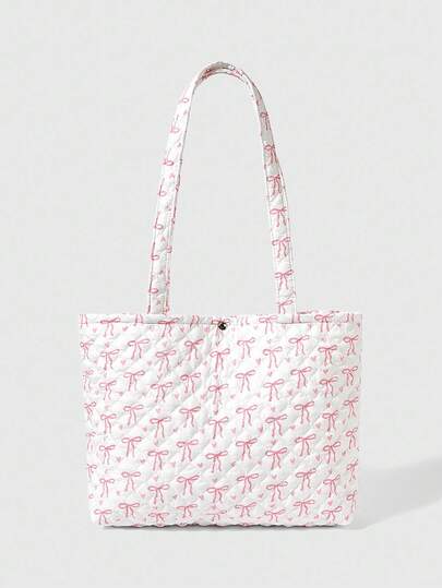 Kawaii 1 pezzo Borsa a tracolla da donna alla moda con stampa a fiocco e ricamo a rombo, 919979