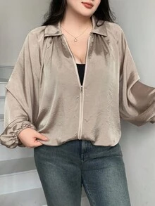 Dazy Plus Plus Size Women's Casual Loose Fit Jacket With Mandarin Collar, Textured Fabric, Pleated Cuffs, Zipper Closure, Versatile For Business And Leisure, Autumn - Olive Green - View 4