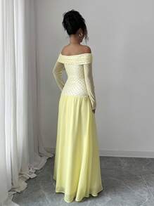 Elenzga Women's Elegant Fashion Commuter Casual Comfortable Charming Retro Long Sleeve Off Shoulder Waist Cinched Polka Dot Patchwork Chiffon A-Line Hem Dress - Butter Yellow - View 2