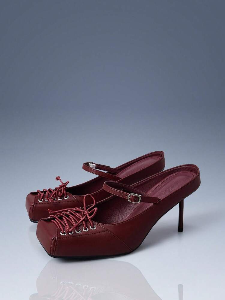 CUCCOO GRLICON Red Lace-Up Square Toe High Heel Pumps For Women, Motorcycle, Punk, Ballet, Unisex, Summer Vacation