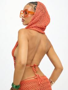 SUMWON WOMEN Women Crochet Hooded Mini Dress Cutout Beach Summer Festival Vacation Resort Pool Coverup Knit Sleeveless Party Holiday Dress