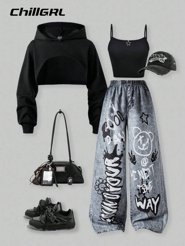 SHEIN Teen Girl Streecool Kids Casual Loose Street Style Denim Print Pants, Cropped Camisole Top, Long Sleeve Hooded Mesh Blouse 3-Piece Outfit, Fashion, Streetwear, Concert Outfit Fall Winter