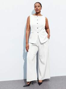 Maija 大码女式纯色单排扣无袖夹克和裤子休闲套装大码裤装大码白色裤装白色大码连体裤大码裤装套装大码秋冬夏季裤装