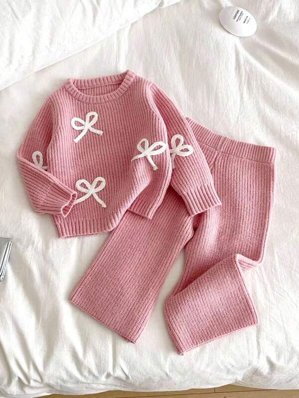 SHEIN Vintaside Kids Baby Girl Fashionable Versatile Cute Casual Bow Sweater And Knitted Pants Set Baby Girl Knit Set Pink Baby Girl Outfit Knit Two Piece Baby Outfit Baby Girl Knitted Outfit Toddler Girl Knit Set Two Piece Knit Baby Outfit Baby Girls Winter Clothes Baby Girls Fall Clothes Baby Girl Fall Outfits Pink Bow Baby Outfit Knit Two Piece Toddler Baby Girl Warm Sets Cozy Pixies Baby Girl Set
