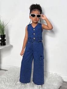 Young Girl Summer V-Neck Single-Breasted Vest And Cargo Pants Denim Set, Girls Denim Cargo Pants, Kids Denim Vest Set, Tween Denim Outfit