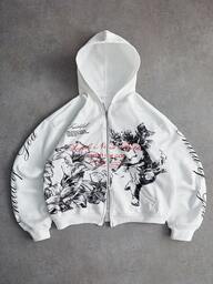 PAVTROS Manfinity Streetrush Men's Street-Style Popular INS Matching Angel Floral Element Retro Graffiti Style Outdoor Music Festival Nightclub Boyfriend Husband Gift Anniversary Gift White Sweatshirt, Angel Graphic Hoodie, White Graphic Hoodie, Streetwear Zip Up Hoodie, Fall Winter, Long Sleeve Top