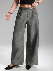 LYSMO Plus Size Women's Casual Floral Sheer Overlay Wide Leg Baggy Pants, Autumn/Winter