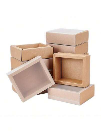 SHEIN 12/24 套牛皮纸礼品盒，带 PVC 套，矩形礼品包装收纳盒，BurlyWood，展开尺寸：9.41x9.33x0.02 英寸，盒子尺寸：3.27x3.27x1.26 英寸，内部尺寸：2.65x2.65x1.18 英寸