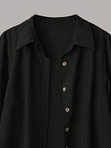 Linhara Plus Size Women's Casual 2 Pieces Set, Solid Color Turndown Collar Single-Breasted Casual/Work Shirt And High Waist Loose Wide Leg Pants Suit Fall Cloth For Women