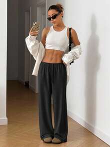 SHEIN EZwear Plus Size Casual Loose Fit Dark Grey Pants, Versatile For Autumn,Fall Clothes For Women - Dark Grey - View 6