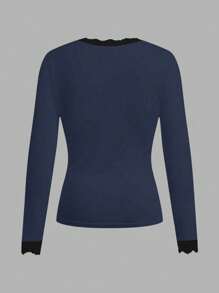Tseoso Casual Deep V-Neck Lace Trim Fitted Long Sleeve T-Shirt, Suitable For Autumn/Winter - Blue - View 3