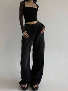 DAZY Loose-Fit Wide Leg Denim Pants,Baggy Jeans - Black - View 2