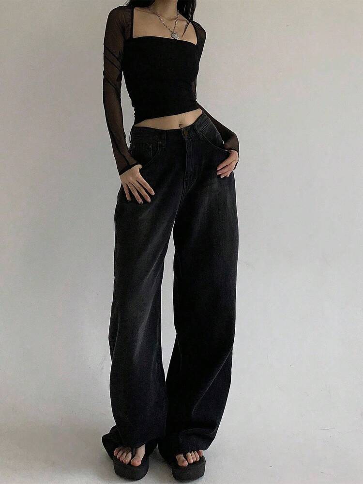 Loose-Fit Wide Leg Denim Pants,Baggy Jeans