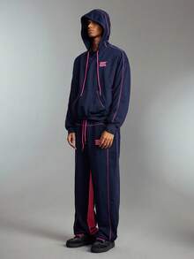 Prep Men's Contrast Color Casual Hoodie And Pants Set, Fall Clothes - Navy Blue - View 3