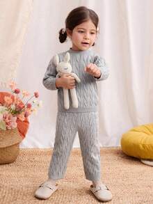 Blossori Baby Girl Cable Pattern Long Sleeve Sweater And Knitted Pants Set, Autumn Fall Winter - Grey - View 4