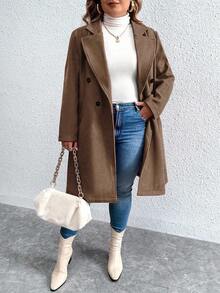 Elenzga Plus Size Casual Solid Color Double-Breasted Overcoat, Autumn/Winter Fall Cloth For Women - Coffee Brown - View 4