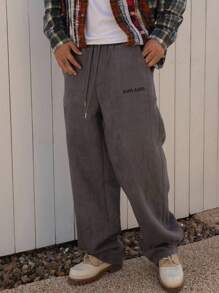 DAZY Men's Grey Suede Fabric Letter Embroidery Elastic Waist Street Style Sweatpants, Autumn, 2000s Style Men Joggers