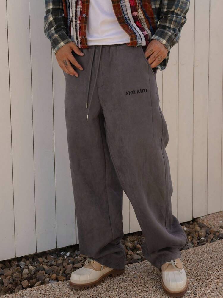 Men's Grey Suede Fabric Letter Embroidery Elastic Waist Street Style Sweatpants, Autumn, 2000s Style Men Joggers