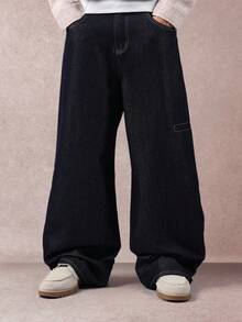 SUMWON Mega weite Zimmermanns-Jeans mit weitem Bein, Utility-Workwear Denimhose, oversized, locker sitzend, dunkles Rohindigo, 90er Jahre Streetwear Stil, Herbst-Winter Mode, Trenddesign - Blau - Übersicht 1