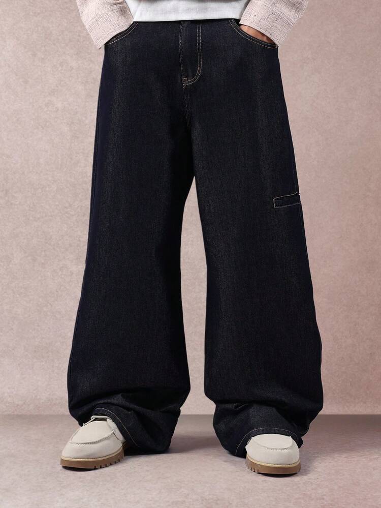Wide Leg Carpenter Jeans With Utility Pockets And Raw Denim
