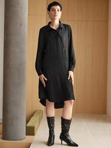 Uhlyne Women's Stylish Textured Fabrics Casual Shirtcollar Button Up Long Sleeve Shirt Dress, Mid-Length, Easy Care,Autumn,Minimalist,Work Wear,Teacher Outfits,Back To School,Fall,Neutral Clothes,Business Casual,Old Money Style, Navy Blue - Black - View 4