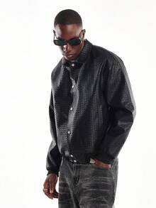 SUMWON Weave Pattern Faux Leather Harrington Jacket Quilted Design Wide Leg Streetwear Fall Winter Collection Outerwear - Black - View 7