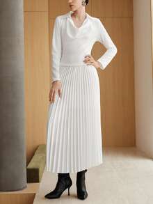 Uhlyne - Đầm công sở thanh lịch tối giản dành cho nữ, Đầm đi làm cổ xếp ly chắp vá dài tay, màu be, phù hợp cho giáo viên, mùa thu - trắng - Xem 5