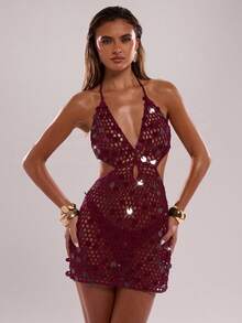 SHEIN BAE Vestido de punto con escote halter sin mangas y calado con decoración de lentejuelas para mujer