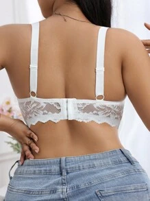 1pc Plus Size Women Lace Patchwork Comfortable Underwire Bra, Lift