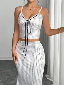 SHEIN ICON 2件套女士波点印花系带吊带背心和半身裙套装 - 白色 - 查看 6