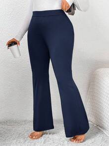 SHEIN Frenchy Plus Size Solid Color High Waist Slim Fit Casual Pants For Women Bell Bottom Pants Flared Pants Navy Blue Pants Flare Leg Pants Bootcut Pants - Navy Blue - View 3