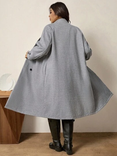 Zelara Plus Size Lapel Button Closure Long Sleeve Pocket Fashion Coat, For Winter Winter Clothes Women's Formal Wear Grey Chic Fall Autumn  Elegant