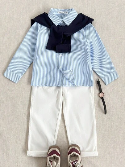 PrepCrw 男童学院风蓝色条纹衬衫和斗篷套装