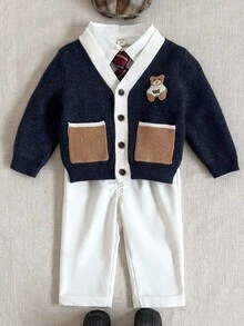 PrepCrw Baby Boys' Colorblock Bear Patch V-Neck Patch-Front Knit Cardigan, Collegiate Style Fall Winter