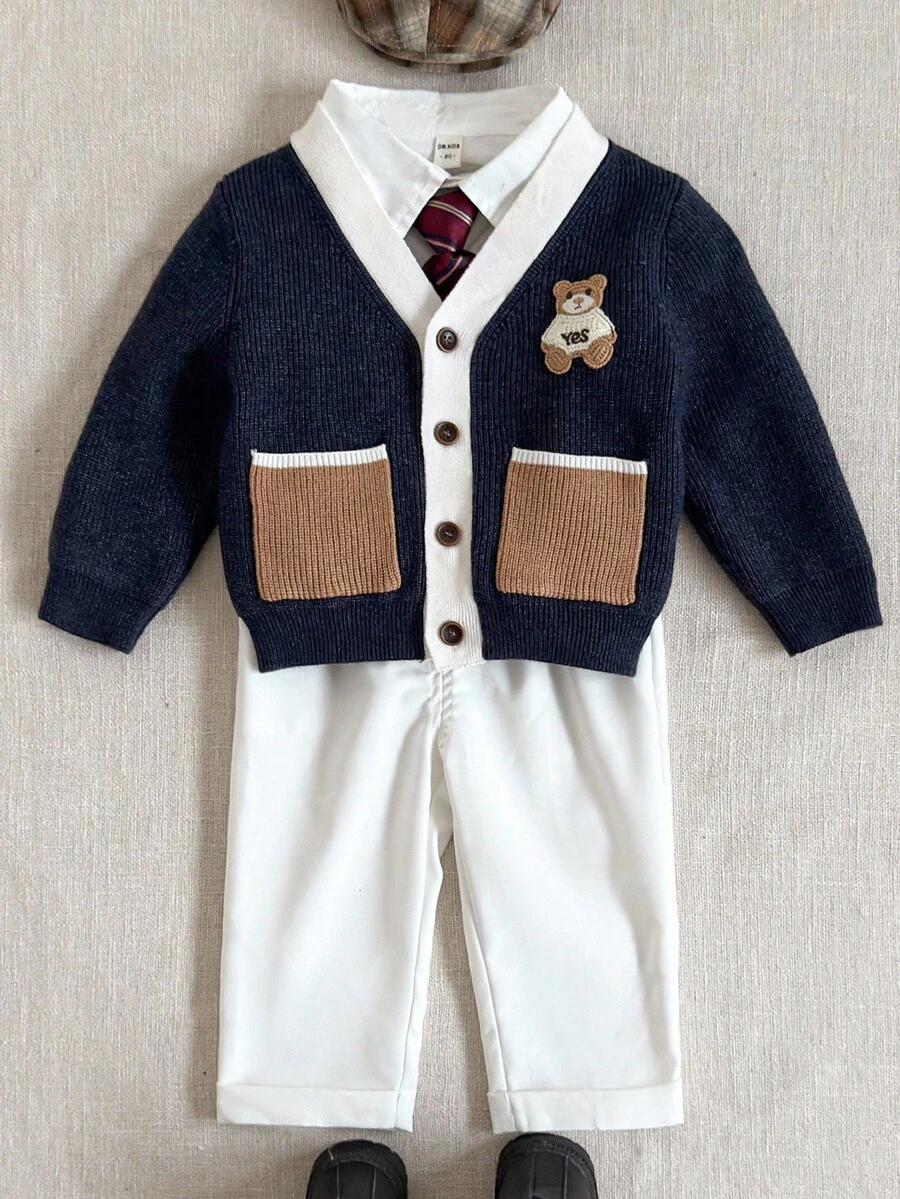 PrepCrw Baby Boys' Colorblock Bear Patch V-Neck Patch-Front Knit Cardigan, Collegiate Style Fall Winter